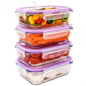 Pack 4 Tuppers de Cristal 600 ml con Cierre Hermético y Válvula - Aptos para Microondas, Horno y Lavavajillas