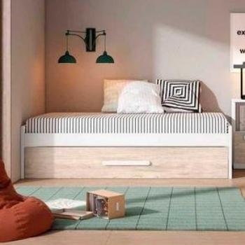 Cama nido Estelle 2 camas blanco mate/sahara 51x202x99,5 cm, Cama Nido para Habitación Dormitorio Juvenil Estilo Nórdico en Color Roble Sahara y Blanco Mate 90x