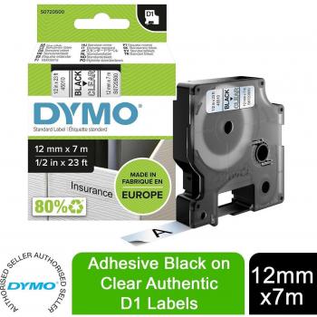 DYMO D1 Label Tape, 12mm x 7m, Black on Clear (45010, S0720500)