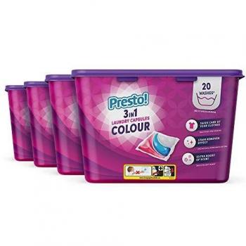 Marca Amazon - Presto! Detergente en cápsulas para lavadora 3 en 1 Ropa de color, paquete de 4 x 20 - 80 lavadas