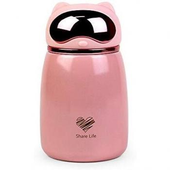 Mini Botella de Termo de Acero Inoxidable, Vacío Aislado Botella de Agua, Termo para Cafe Pequeño, Taza Termo de Forma Gato, Frio / Caliente, 350ml, Rosado