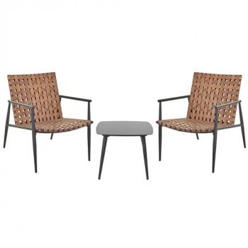 Conjunto de balcón 2 plazas Ziria - Muebles de patio en ratán sintético marrón con mesa de centro y estructura de acero negro
