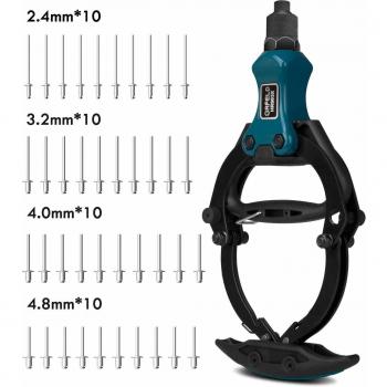 Orfeld Remachadora, Remachadora Manual con 4 Cabezales Intercambiable, Empuñadura de Antideslizante TPR, Juego Pistola Remachadora 4 en 1 con Remaches de 40 Piezas, para Uso en Interiores y Exteriores