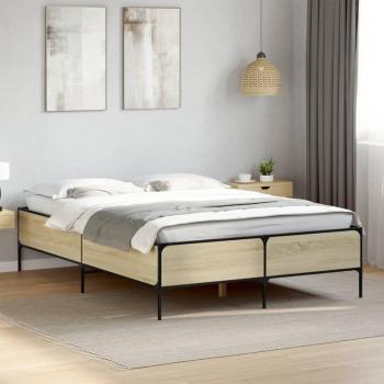 Cama de madera ingeniería y metal roble Sonoma 140x200 cm Marrón