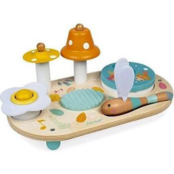 Janod - Mesa Musical de Madera Pura - Juguete Musical de Madera para el Aprendizaje Infantil - Con Címbalo, Campana y Pandereta Extraíble - Pintura al Agua - A partir de 3 años, J05164