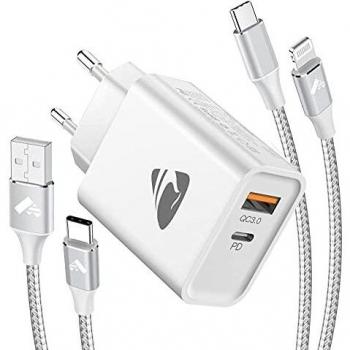 Cargador USB C,20W Cargador USB Rapida Pared con Multiple Carga Rápido Puertos PD3.0&QC3.0,Cable USB C a Lightning 2M para iPhone 12 11 8 SE 2020 X iPad,Cable Tipo C para Samsung XiaoMi Huawei P20 P30