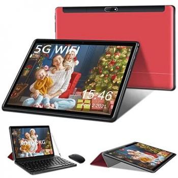 Tablet 10 Pulgadas Baratas y Buenas 5G WiFi Android 10.0 Tableta con Procesador Quad-Core, 800 * 1280 FHD Display, 64 GB Ampliables hasta 128 GB, Teclado/Ratón/OTG/Bluetooth - Rojo