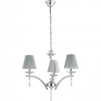 Candelabro de 3 luces Orchestra con pantallas cromadas, cristales K9 y tela, dimensiones 60x50cm