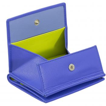 Cartera de mujer mediana Dudu en piel de becerro napa azul con monedero externo y tarjeta de cuero multicolor con monedero RFID