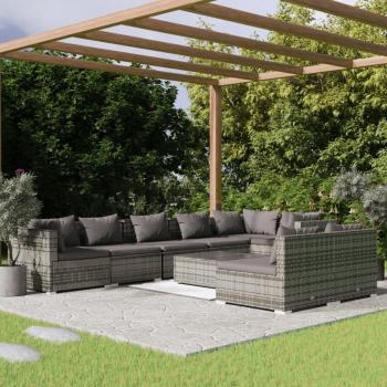 9-Piece Grey Poly Rattan Garden Lounge Set with Cushions