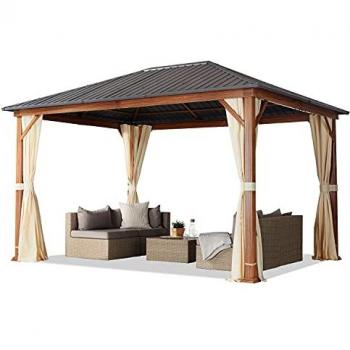 Cenador de jardín TOOLPORT 3x4 m, aspecto madera, techo sólido, 4 cortinas en champán