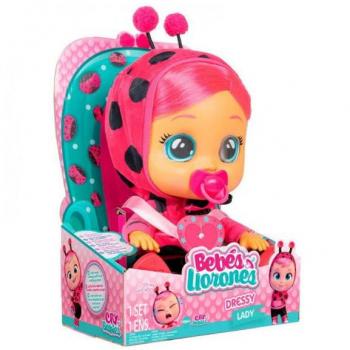 BEBÉS LLORONES Dressy Lady la Mariquita - Muñeca Interactiva con Pelo a Peinar, Ropa y Accesorios, Llora Lágrimas de Verdad, Incluye Vest