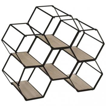 Botellero hexagonal para 6 botellas de metal y madera, dimensiones L.29 x l. 15 x A. 25 cm
