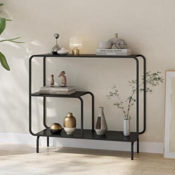 Mesa Consola Færder con Estantes y Compartimento Abierto 92x33x82 cm Acero Negro Mate