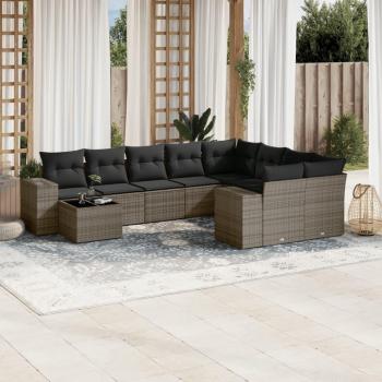 10-Piece Grey Poly Rattan Garden Sofa Set with Cushions