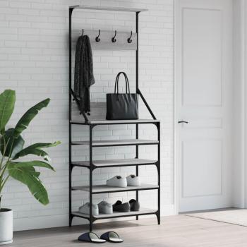 Perchero con Zapatero VidaXL, soporte para ropa y estantes para zapatos, color gris sonoma, negro y roble ahumado, dimensiones 70x34x184 cm