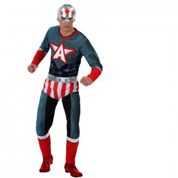Disfraz de Capitán Azul para Hombre - Atosa, incluye traje completo con capa, máscara y detalles en el diseño que simulan un superhéroe de cómic americano