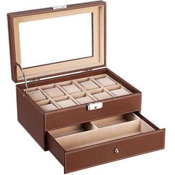 Estuche para 10 Relojes de Cuero Marrón con Compartimentos