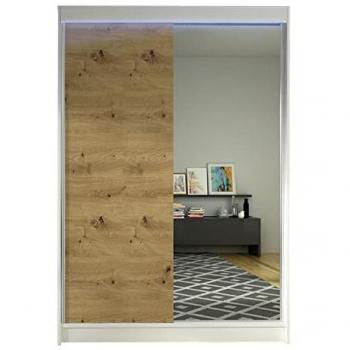 Armario corredero con espejo Parys I, 2 puertas, roble artisan y blanco, 200x120x58cm, incluye barra para ropa y 5 estantes