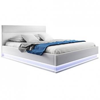 Cama de Matrimonio Canapé Nitas con Colchón 160x200cm, Luz LED Blanca, Estructura de Madera tapizada en Polipiel, Color Blanco