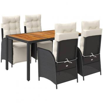 5 Piece Black Poly Rattan Garden Dining Set with Cushions