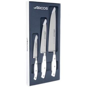 Set de 3 Cuchillos de Cocina Arcos Riviera Blanc - Mondador, Santoku y Cuchillo de Chef - Acero Inoxidable Forjado NITRUM - Mango POM - Color Blanco