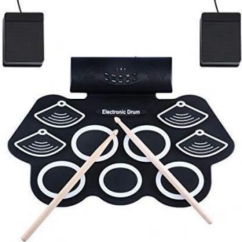 Asmuse Batería Electrónica Portátil Tambor E-Drum Plegable de Mesa con Almohadillas de Silicona Sensibles a 9 Velocidades con Pedales de Baquetas 7A Altavoces Integrados,Tambores Recargables