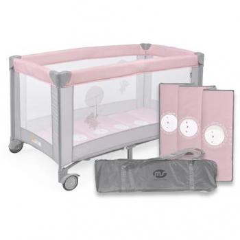 Cuna de viaje MS Basic Rosa/Gris - Cuna de viaje para bebé 3 piezas (120 x 60 cm), incluye colchóncito y bolsa de transporte, apta desde 0 meses hasta 15 kg, fácil de pleg