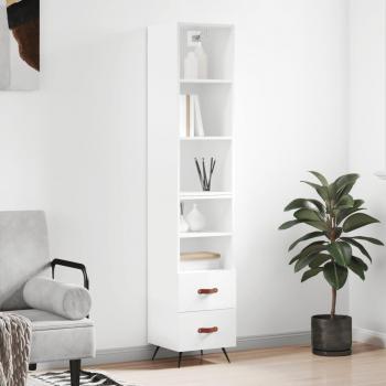 Aparador de madera contrachapada blanco brillo 34,5x34x180 cm con 2 cajones y 2 estantes, mueble de almacenaje para salón, buffet y armario auxiliar