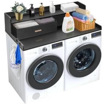 VEVOR Black Wooden Washer Dryer Countertop with 2 Drawers and 2-Tier Shelf, Non-Slip Pads for Laundry Organization