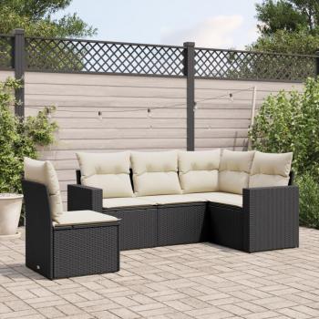 Set de muebles de jardín 5 piezas con cojines de polyrattan negro