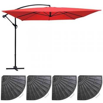 Sombrilla colgante inclinable roja (3 x 3 m) con 4 losas de lastre