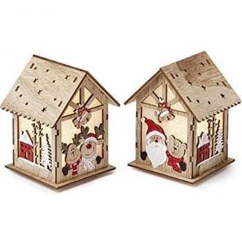 Mopec Pack de 2 Casitas de Madera navideña LED (Incluye Pilas), Marrón, Talla Única