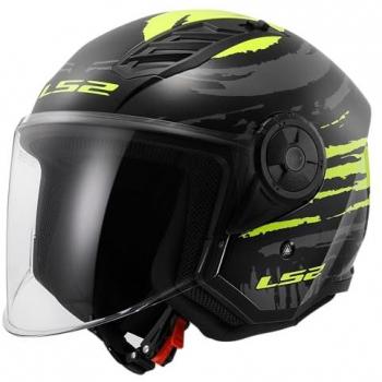 Casco Jet LS2 OF616 Airflow II Negro-Amarillo Hivis con diseño aerodinámico, ventilación optimizada, visera solar integrada, interior desmontable y lavable, homologación ECE 22.05,