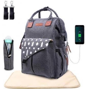 Umitive Mochilas de Pañales para Bebé, Maternal Bolso Multifuncional con USB de Viaje, Gran Capacidad, Impermeable, Enviar 2 Correas de Cochecito y 1 Cambiador y 1 Bolsa Aislante, Gris