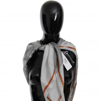 Gray Orange Silk Floral Foulard Wrap Scarf