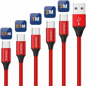 Qghappy cable usb tipo c 5pack025m 05m 1m 2m 3m 3a cargador usb tipo c cable usb c carga rapida y sincronizacion de datos para samsung galaxy s10 s9 s8 huawei p30 p20 p10 mate10 rojo