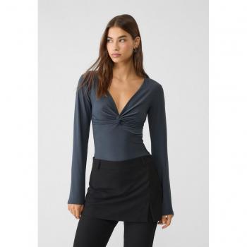 Dark Grey Gathered V-Neck Bodysuit Size L