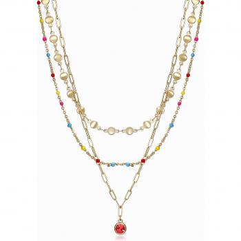 Collar Kiss Viceroy de acero en Ip dorado, 3 cadenas, esmalte y circonita roja