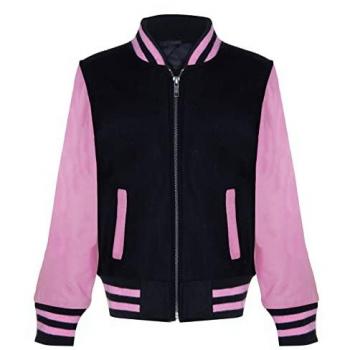 Infinity Junior Unisex Kids Varsity Bomber Jacket with Real Leather Sleeves - Black & Pink, Size 10-11Y (Ages 3-13)