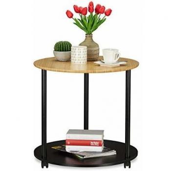 Mesa Auxiliar Redonda Moderna con Ruedas de Bambú, 59 x 60 cm, Negro-Marrón - Relaxdays