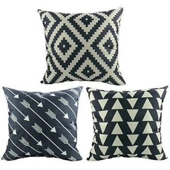 Luxbon 3pc Funda de Cojín Almohada Lino Duradero Figura Geométrica Negro Decoración para Sofá Cama Coche 18x18 45x45 cm