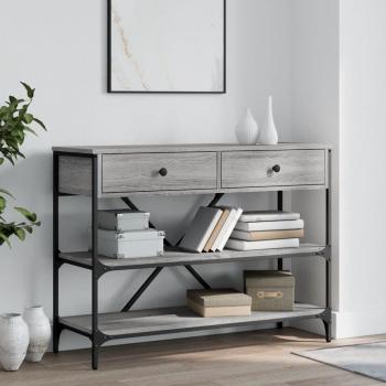 Mesa consola de madera de ingeniería con cajones y estantes en roble ahumado, gris sonoma y marrón roble, ideal para salón o recibidor