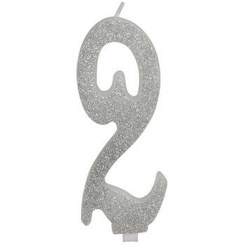 Vela Escarchada Plata Número 2, de 12.5 cm