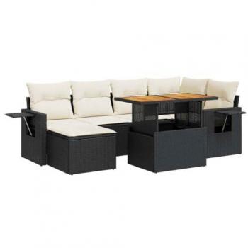 7-Piece Black Poly Rattan Garden Sofa Set with Cushions