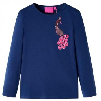 Camiseta Infantil Manga Larga Dibujo de Pavo Real Jersey Ropa Cuello Redondo Azul Marino 140