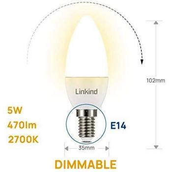 Linkind Bombilla LED E14, regulable, forma de vela, sustituye a bombilla halógena de 40 W, 5 W, 470 lm, 2700 K, luz blanca cálida, certificado CE/RoHS/ErP, 6 unidades