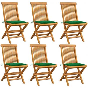 Sillas de jardín 6 uds con cojines verdes madera de teca