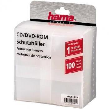 Hama - CD-ROM/DVD-ROM Protective Sleeves 100, Transparent, 135 x 63 x 185 mm, Transparente