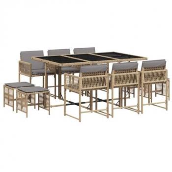 Set comedor de jardín 11 pzas con cojines ratán sintético beige